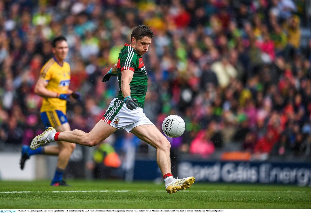 30 July 2017; Lee Keegan of Mayo scores a goal in the 12th minute during the GAA Football All-Ireland Senior Championship Quarter-Final match between Mayo and Roscommon at Croke Park in Dublin. Photo by Ray McManus/Sportsfile