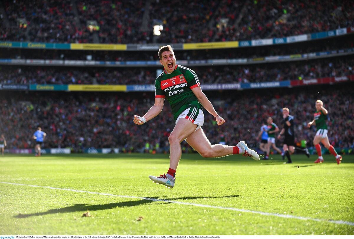 17 September 2017; Lee Keegan of Mayo celebrates after scoring his side's first goal in the 54th minute during the GAA Football All-Ireland Senior Championship Final match between Dublin and Mayo at Croke Park in Dublin. Photo by Sam Barnes/Sportsfile
