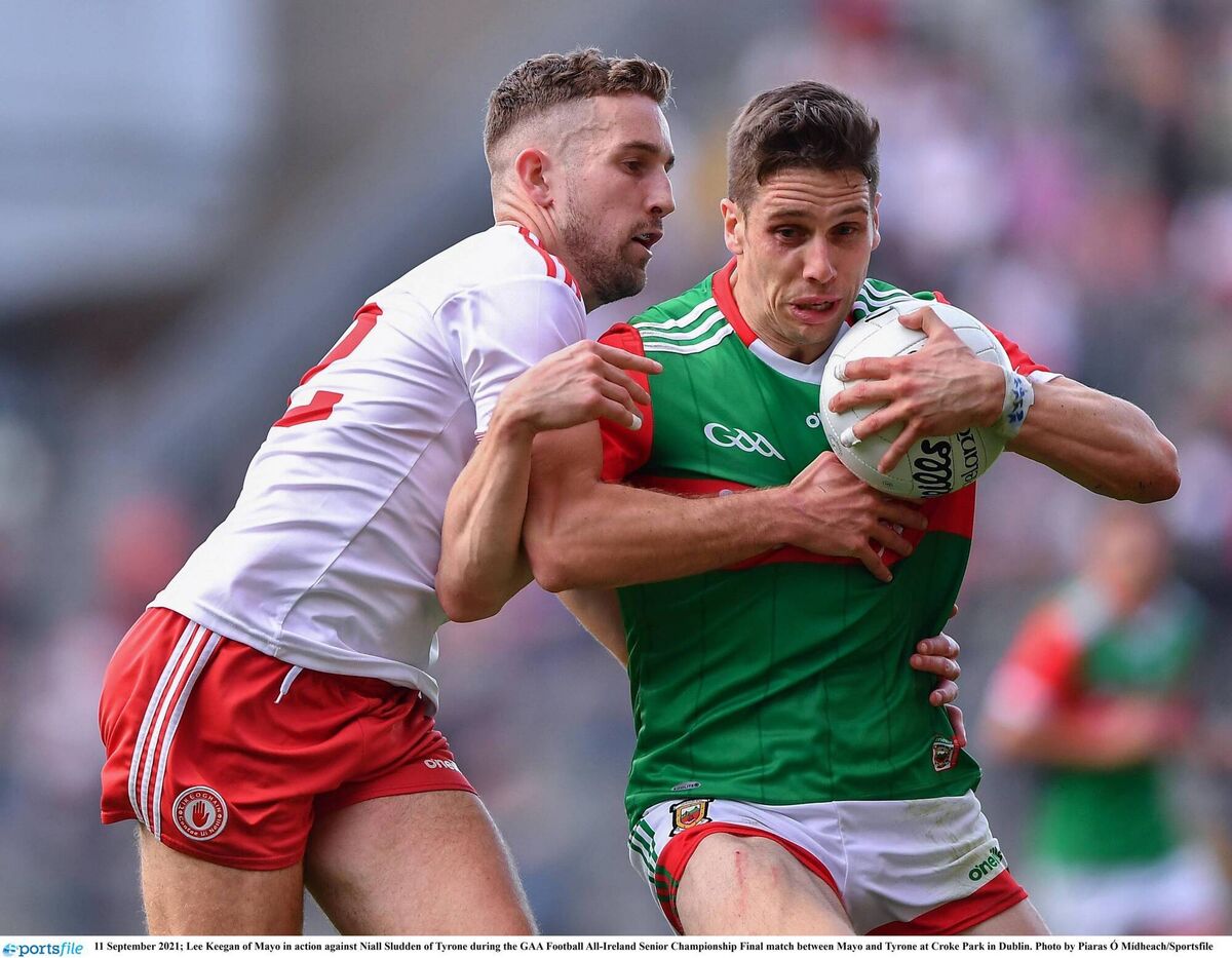 11 September 2021; Lee Keegan of Mayo in action against Niall Sludden of Tyrone during the GAA Football All-Ireland Senior Championship Final match between Mayo and Tyrone at Croke Park in Dublin. Photo by Piaras Ó Mídheach/Sportsfile