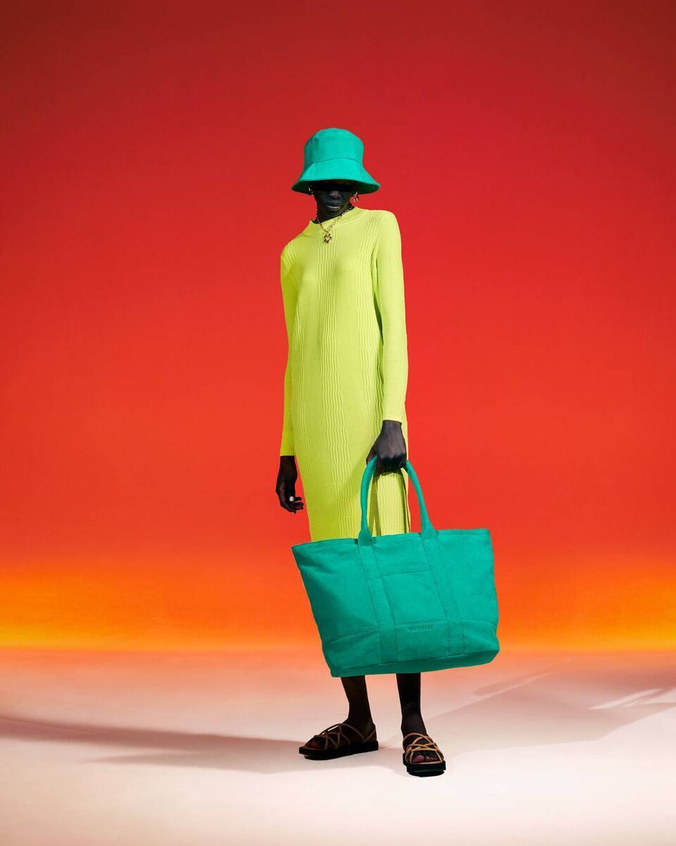 Towelling bucket hat, €65; midi dress, €195; tote bag, €115; sandals, €219, Whistles 