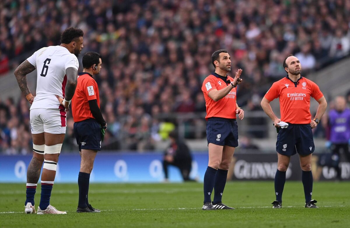 Donal Lenihan: 'On too many occasions, the intervention by the TMO is prompted by an incident that might have happened rather than something they are pretty sure happened.' Referee Mathieu Raynal studies the big screen with the TMO. Pic: Stu Forster/Getty Images)