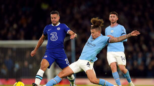 <p>JOUSTING FOR POSITION: Chelsea’s Cesar Azpilicueta and Manchester City's Kalvin Phillips (right) battle for the ball. Pic: Martin Rickett/PA Wire.</p>