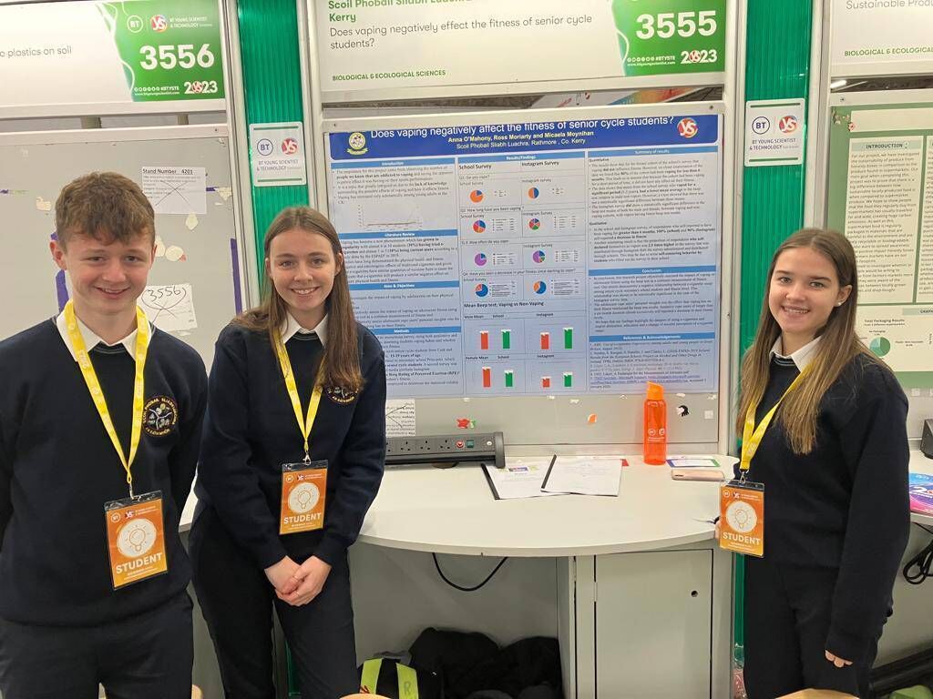 Ross Moriarty, Anna O’Mahony and Michaela Moynihan, from Scoil Phobail Sliabh Luachra, Kerry at the BT Young Scientist Exhibition. Their project looked at the impacts of vaping on a person's fitness. For those vaping more than six months, they reported a pronounced difference in their fitness levels. Ross Moriarty, Anna O’Mahony and Michaela Moynihan, from Scoil Phobail Sliabh Luachra, Kerry at the BT Young Scientist Exhibition. Their project looked at the impacts of vaping on a person's fitness. For those vaping more than six months, they reported a pronounced difference in their fitness levels.