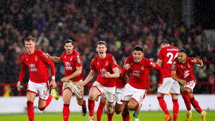 Nottingham Forest players celebrate after winning the penalty shoot-out against Wolves (Tim Goode/PA)