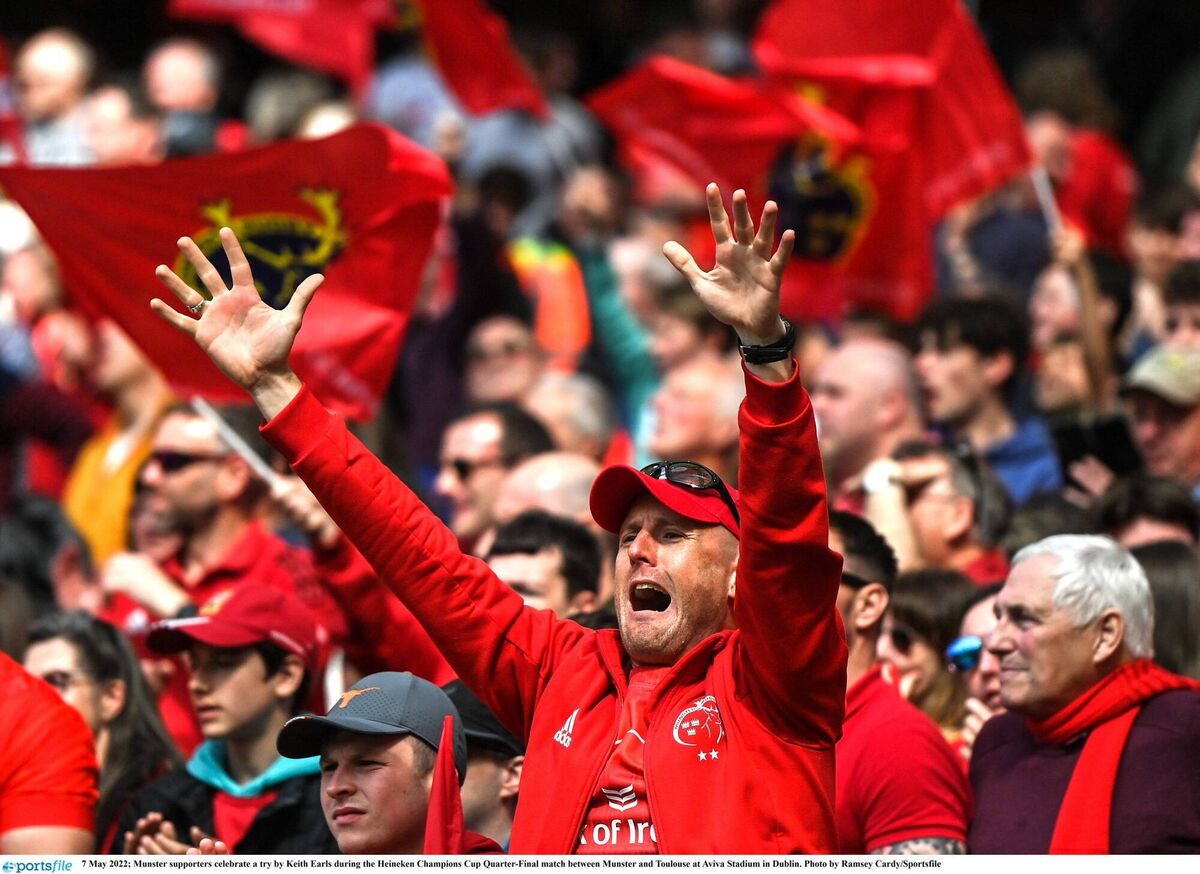 CONNECTION: Munster supporters celebrate a try by Keith Earls during the Heineken Champions Cup quarter-Final against Toulouse. Picture: Ramsey Cardy/Sportsfile
