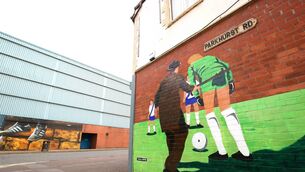 <p>MERSEY PARADISE: A detailed view of a mural, created by Artist Paul Curtis, is seen outside Prenton Park </p>