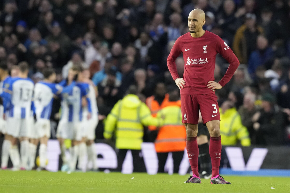DEJECTED: Liverpool's Fabinho reacts after Brighton's Solly March scored his side's second goal. Pic: AP Photo/Frank Augstein DEJECTED: Liverpool's Fabinho reacts after Brighton's Solly March scored his side's second goal. Pic: AP Photo/Frank Augstein