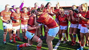 <p>Chloe Pearse of Munster, right, is proposed to by partner and teammate Clodagh O'Halloran after the Vodafone Women’s Interprovincial Championship Round Two match between Munster and Leinster at Musgrave Park, Cork. Picture: Eóin Noonan/Sportsfile</p>
