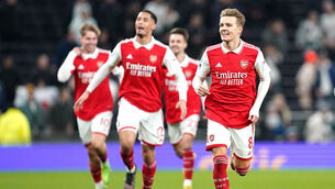 <p>FLYING HIGH: Arsenal's Martin Odegaard (right) and team-mates celebrate victory. Pic: Nick Potts/PA Wire.</p>