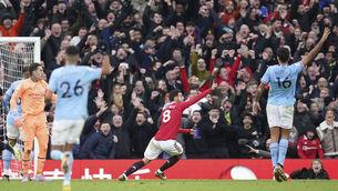 <p>RIGHT DECISION? Manchester United's Bruno Fernandes celebrates after scoring his side's first goal. Pic: AP Photo/Dave Thompson</p>