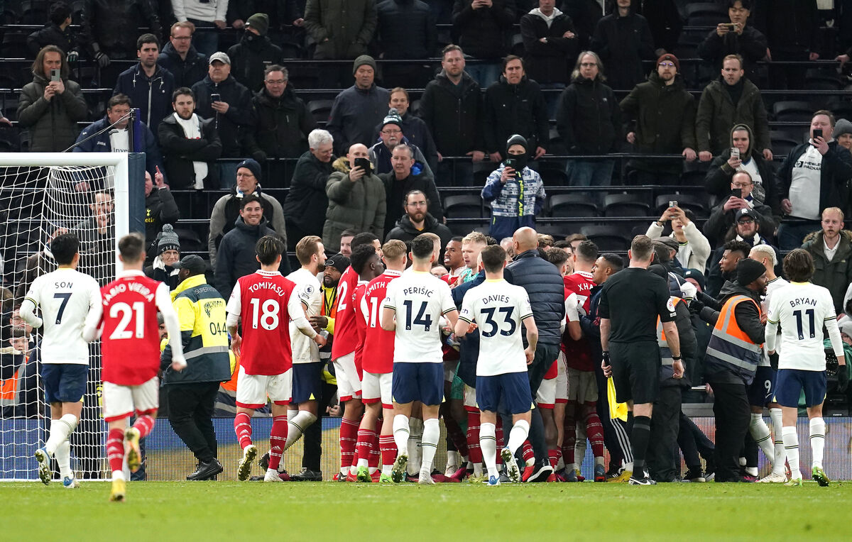 CROWD TROUBLE: Aaron Ramsdale, centre, was confronted by a fan in a post-match fracas (Nick Potts/PA)