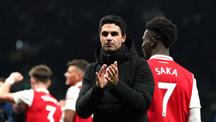 Arsenal manager Mikel Arteta applauds the fans after the final whistle in the Premier League match at the Tottenham Hotspur Stadium, London. Picture date: Sunday January 15, 2023.