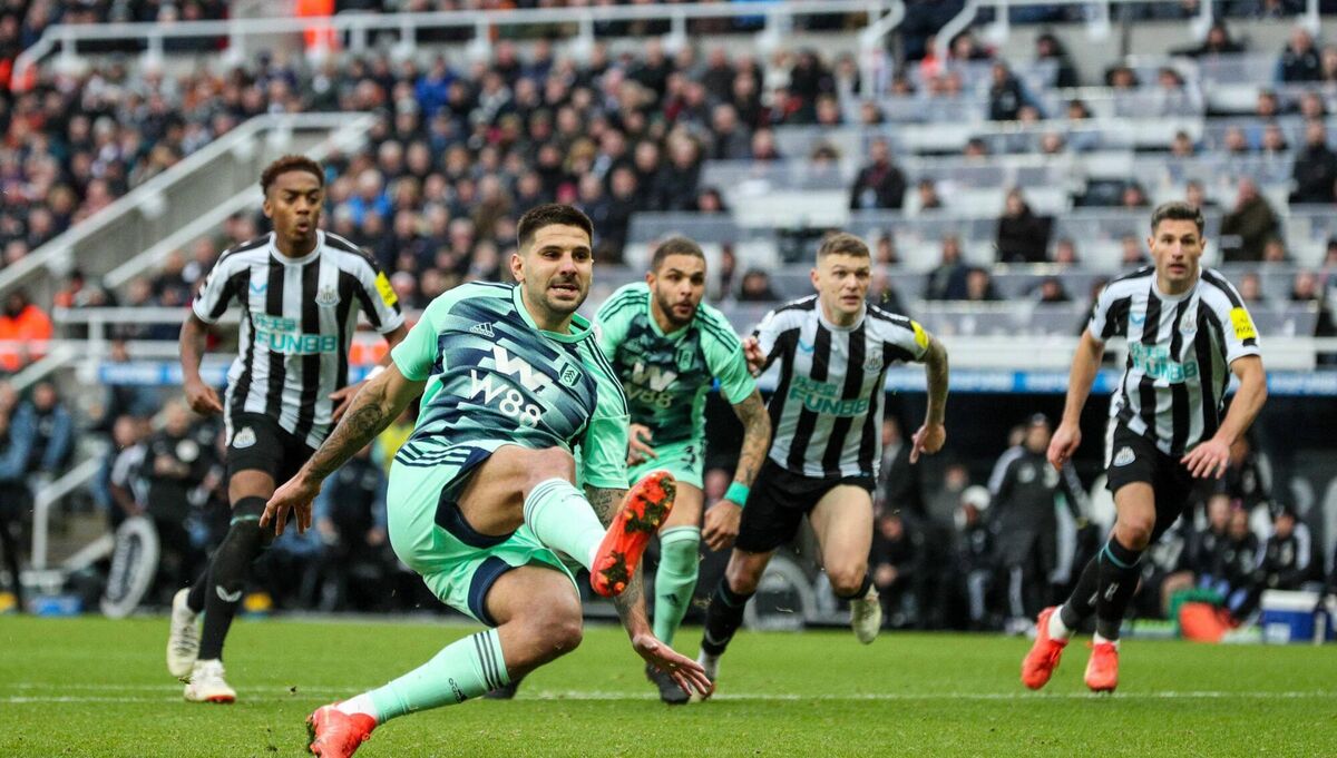 SPOT OF BOTHER: Fulham's Aleksandar Mitrovic slips while taking a penalty at Newcastle. Picture: Alex Dodd - CameraSport via Getty Images