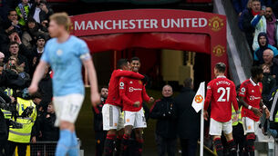 <p>Marcus Rashford celebrates his derby winner (Martin Rickett/PA)</p>