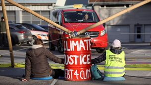 <p>Climate activists block the airport near St Gallen, Altenrhein, Switzerland ahead of the World Economic Forum in Davos.</p>