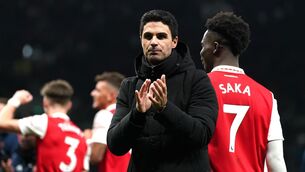 <p>DILEMMA: Arsenal manager Mikel Arteta applauds the fans after the final whistle in the Premier League match at the Tottenham Hotspur Stadium, London. Pic: PA</p>