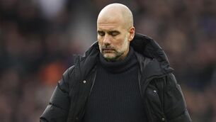 <p>BAD RUN: Manchester City's head coach Pep Guardiola. Pic: AP Photo/Dave Thompson</p>