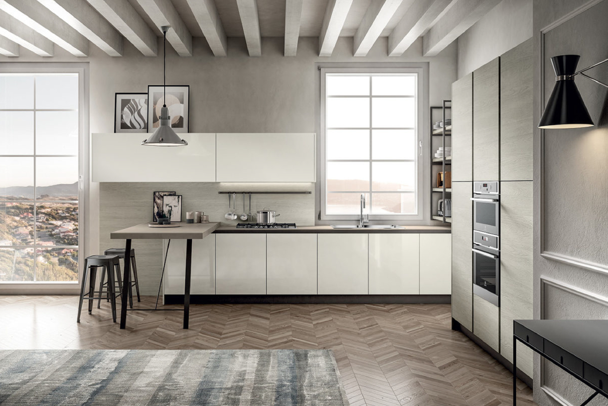 White does not mean a cold spell for your kitchen, as seen here, cooled with a grey tonal palette and made even airier with open-frame shelving: Arredo3 Italian kitchens supplied by Nicholas Moody Kitchens.