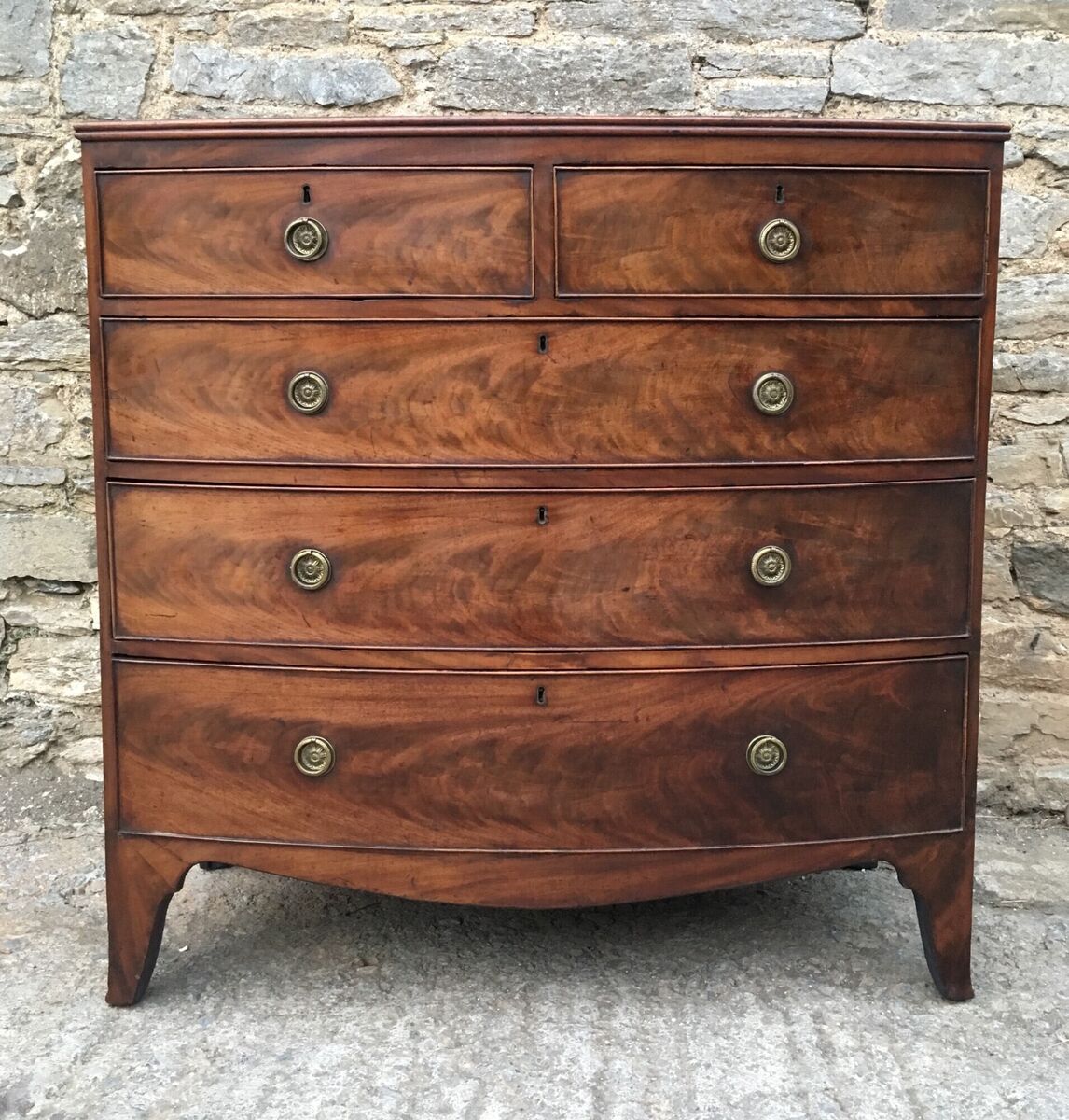 A beautiful late Georgian bow-front chest-of-drawers in mahogany with swept bracket feet. Prices from €1,200 depending on condition. Sellingantiques.co.uk/Nutshell Antiques &amp; Interiors.