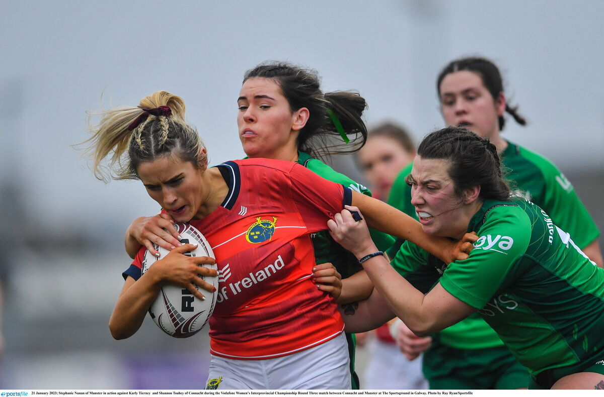 Stephanie Nunan of Munster tries to evade Karly Tierney and Shannon Touhey of Connacht at The Sportsground. Picture: Ray Ryan/Sportsfile Stephanie Nunan of Munster tries to evade Karly Tierney and Shannon Touhey of Connacht at The Sportsground. Picture: Ray Ryan/Sportsfile