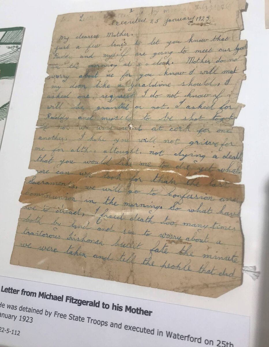 The letter written by Michael Fitzgerald to his mother. The letter written by Michael Fitzgerald to his mother.