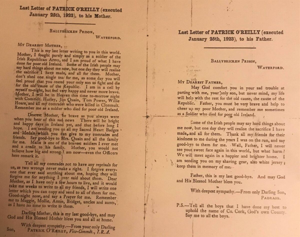 The last letter from Patrick O'Reilly to his mother and to his father. The last letter from Patrick O'Reilly to his mother and to his father.