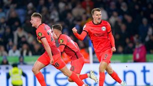 <p>SCORING STREAK: Brighton and Hove Albion's Evan Ferguson (left) celebrates scoring their side's second goal of the game during the Premier League match at the King Power Stadium, Leicester. Pic: Mike Egerton/PA Wire</p>