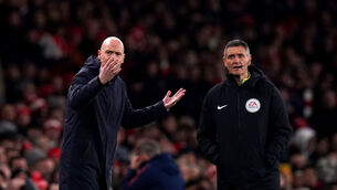 <p>Manchester United manager Erik ten Hag (left) gestures on the touchline during the Premier League match at the Emirates Stadium, London. Picture date: Sunday January 22, 2023. PA Photo. See PA story SOCCER Arsenal. Photo credit should read: John Walton/PA Wire.</p>