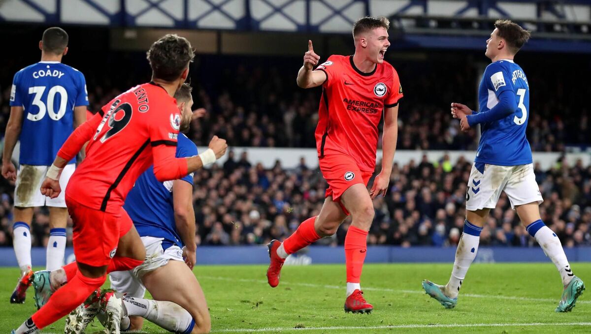 RISING STAR: Evan Ferguson of Brighton &amp; Hove Albion celebrates after scoring the team's second goal during the Premier League match between Everton FC and Brighton &amp; Hove Albion at Goodison Park on January 03, 2023 in Liverpool, England. PIC CREDIT: Jan Kruger/Getty Images)