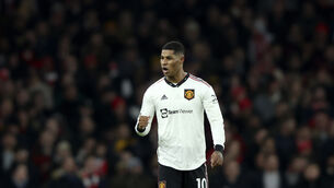 <p>RIGHT AT HOME: Manchester United's Marcus Rashford celebrates. Pic: AP Photo/Ian Walton</p>