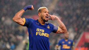 <p>MATCH-WINNER: Newcastle United's Joelinton celebrates scoring their side's first goal of the game during the Carabao Cup semi-final first leg match at St. Mary's Stadium.</p>