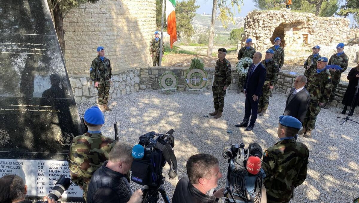 Micheál Martin at this morning's wreath laying ceremony at the Tibnine monument to fallen Defence Forces personnel. Picture: Neil Michael. 