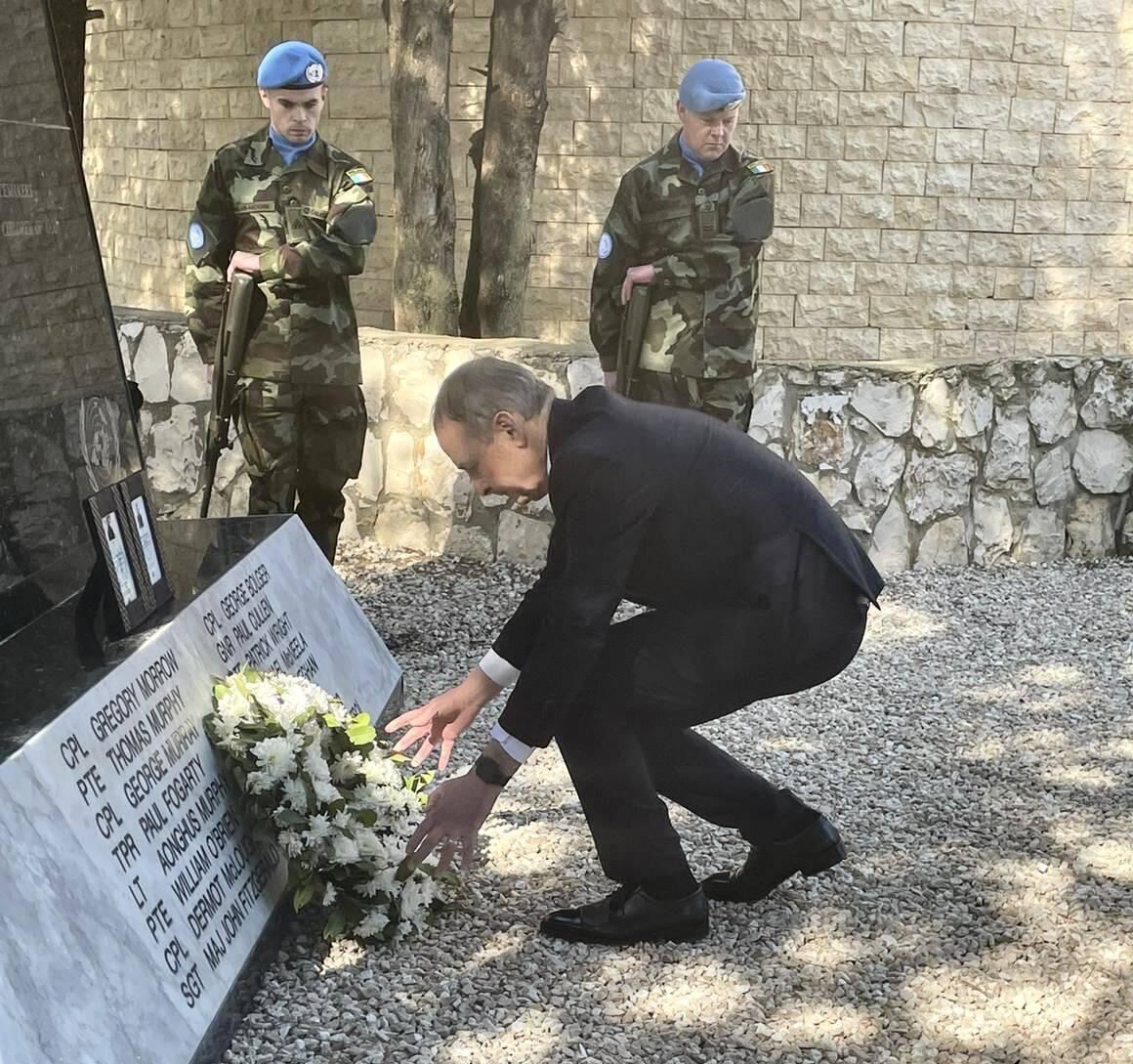 Tánaiste Micheál Martin lays a wreath in memory of Pte Seán Rooney in southern Lebanon.