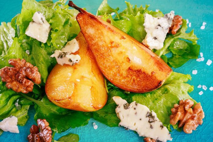 A salad of Cashel Blue cheese with chargrilled pears and spiced candied nuts