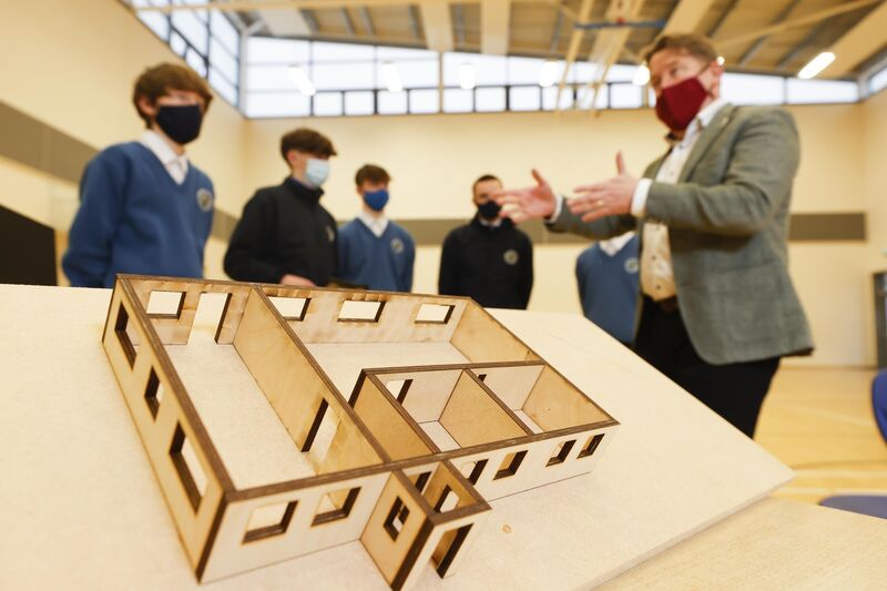 Housing Minister Darragh O'Brien with students at Ardgillan Community College in Balbriggan who were competing in a Construction Industry Federation house design competition in 2020 focused on the CIF’s scholarship and apprenticeship programme. File picture: Conor McCabe