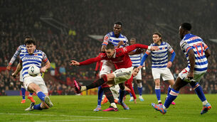 <p>BUILDING: Manchester United's Wout Weghorst shoots at goal. Pic: Martin Rickett/PA Wire. </p>