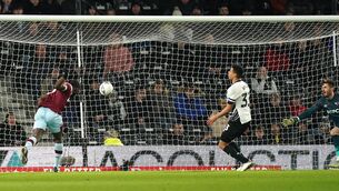 <p>OPEN GOAL: West Ham United's Michail Antonio (left) scores their side's second goal of the game during the Emirates FA Cup fourth round match at Pride Park, Derby. Pic: Mike Egerton/PA Wire</p>