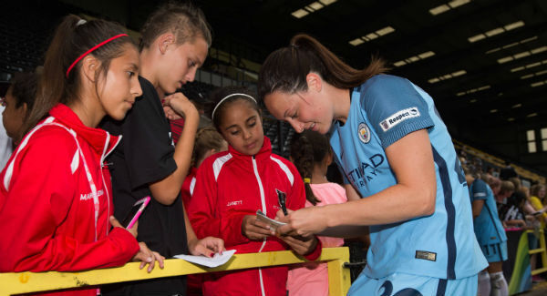 Megan Campbell signing autographs afte Manchester City game in July last year. Megan Campbell signing autographs afte Manchester City game in July last year.