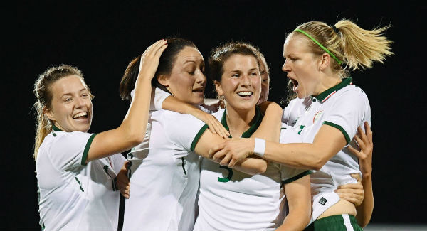 Megan Campbell celebrates with Republic of Ireland team mates Harriet Scott, Niamh Fahey and Diane Caldwell. Megan Campbell celebrates with Republic of Ireland team mates Harriet Scott, Niamh Fahey and Diane Caldwell.
