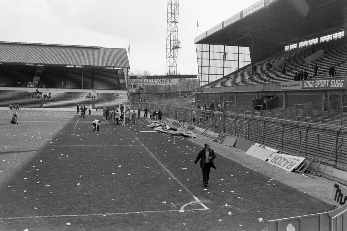 Bent and twisted fencing at Hillsborough in the aftermath of the tragedy. More than 90 people died and 170 injured after over-crowding caused a crush in the stand.
