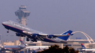 <p>A United Airlines Boeing 747 takes off from Los Angeles Airport in 2001. Picture: AP Photo/Lucy Nicholson</p>