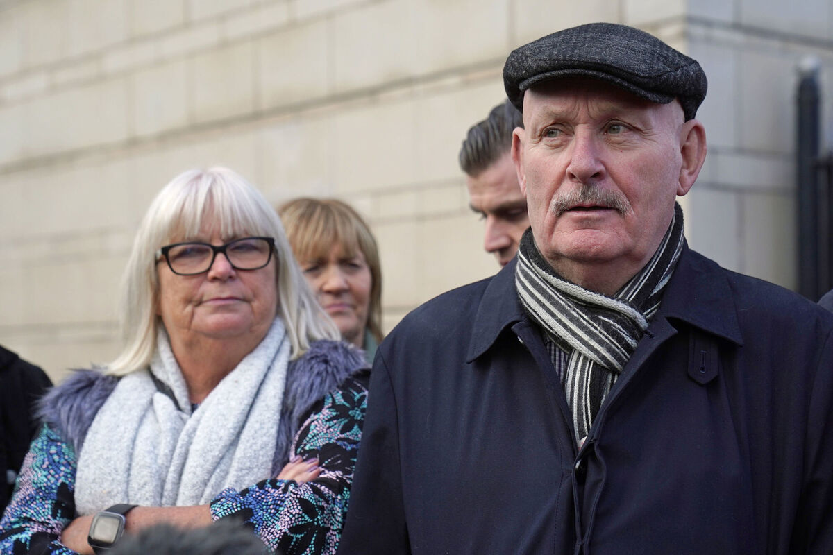 The family of Aidan McAnespie, sister Margo McAnespie (left) and brother Sean McAnespie, speak to the media outside Laganside Courts, Belfast. Picture: Brian Lawless/PA Wire