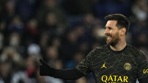 <p>PSG's Lionel Messi gestures during the French League One soccer match between Paris Saint-Germain and Reims at the Parc des Princes in Paris, Sunday, Jan. 29, 2023. (AP Photo/Thibault Camus)</p>