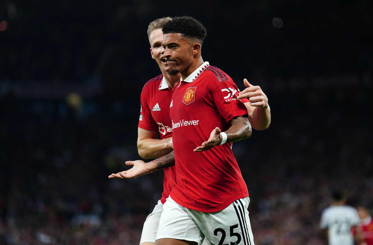 Jadon Sancho appeared in good spirits during his comeback appearance for Manchester United on Wednesday. Picture: Thomas Ash