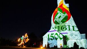 <p>The Brigid 1500 logo illuminates the Wonderful Barn, Leixlip. Picture: Steve O’Connor</p>