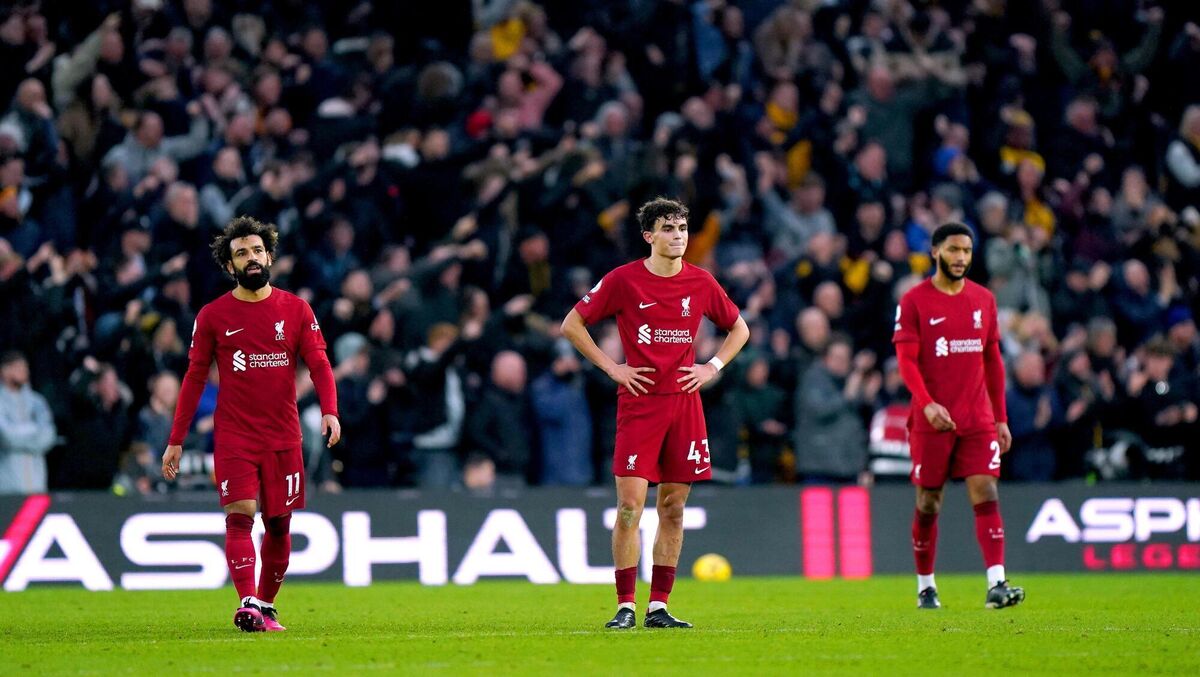 BEATEN: Liverpool's Stefan Bajcetic (centre) appears dejected after Wolverhampton Wanderers' Ruben Neves (not pictured) scores their side's third goal of the game during the Premier League match at Molineux Stadium, Wolverhampton. Picture date: Saturday February 4, 2023. PA Photo. See PA story SOCCER Wolves. Photo credit should read: Tim Goode/PA Wire.