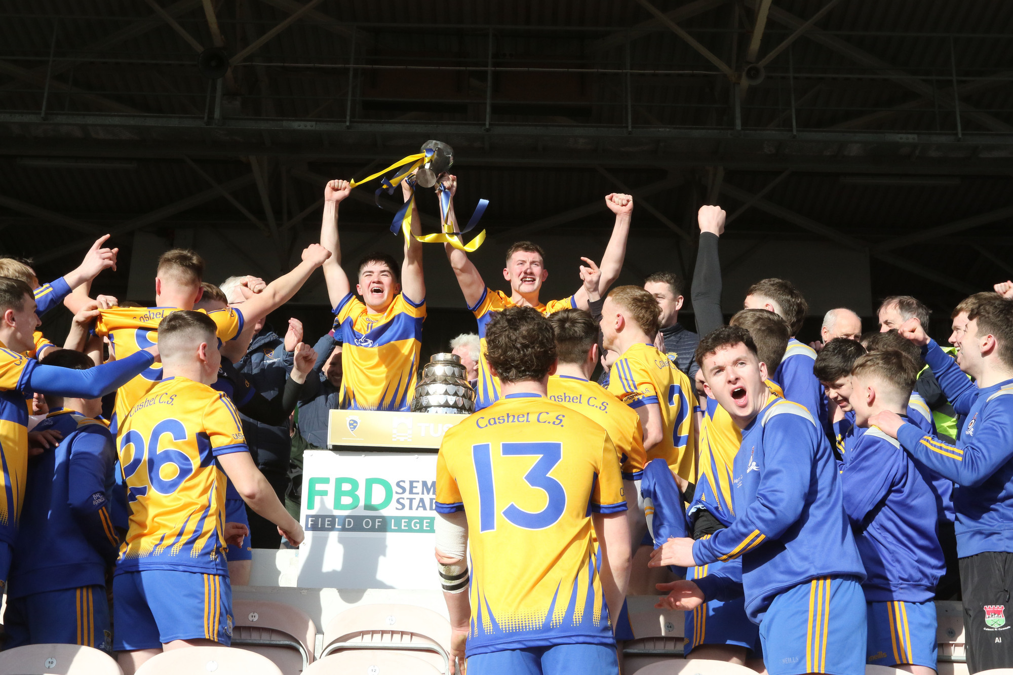 FAMOUS WIN: Joint Captains, Ronan Connolly and Ben Currivan, Cashel Community School, lifting the Harty Cup.