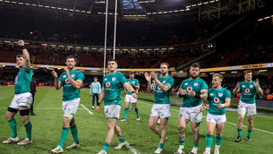 <p>LEARNINGS: Ireland’s Peter O’Mahony, Calean Doris, Dan Sheehan, Mack Hansen, Andrew Porter and Craig Casey celebrate after the game. Pic: ©INPHO/Dan Sheridan</p>