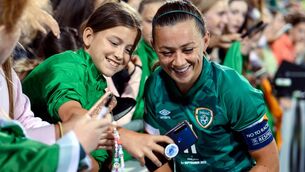<p>FANFARE: Katie McCabe of Republic of Ireland with supporters after the FIFA Women's World Cup 2023 qualifier match between Republic of Ireland and Finland at Tallaght Stadium in Dublin. Photo by Stephen McCarthy/Sportsfile</p>