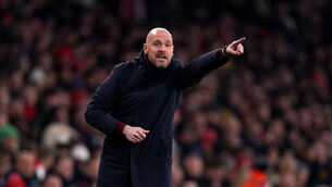<p>PREACHING PATIENCE: Manchester United manager Erik ten Hag gestures on the touchline.</p>